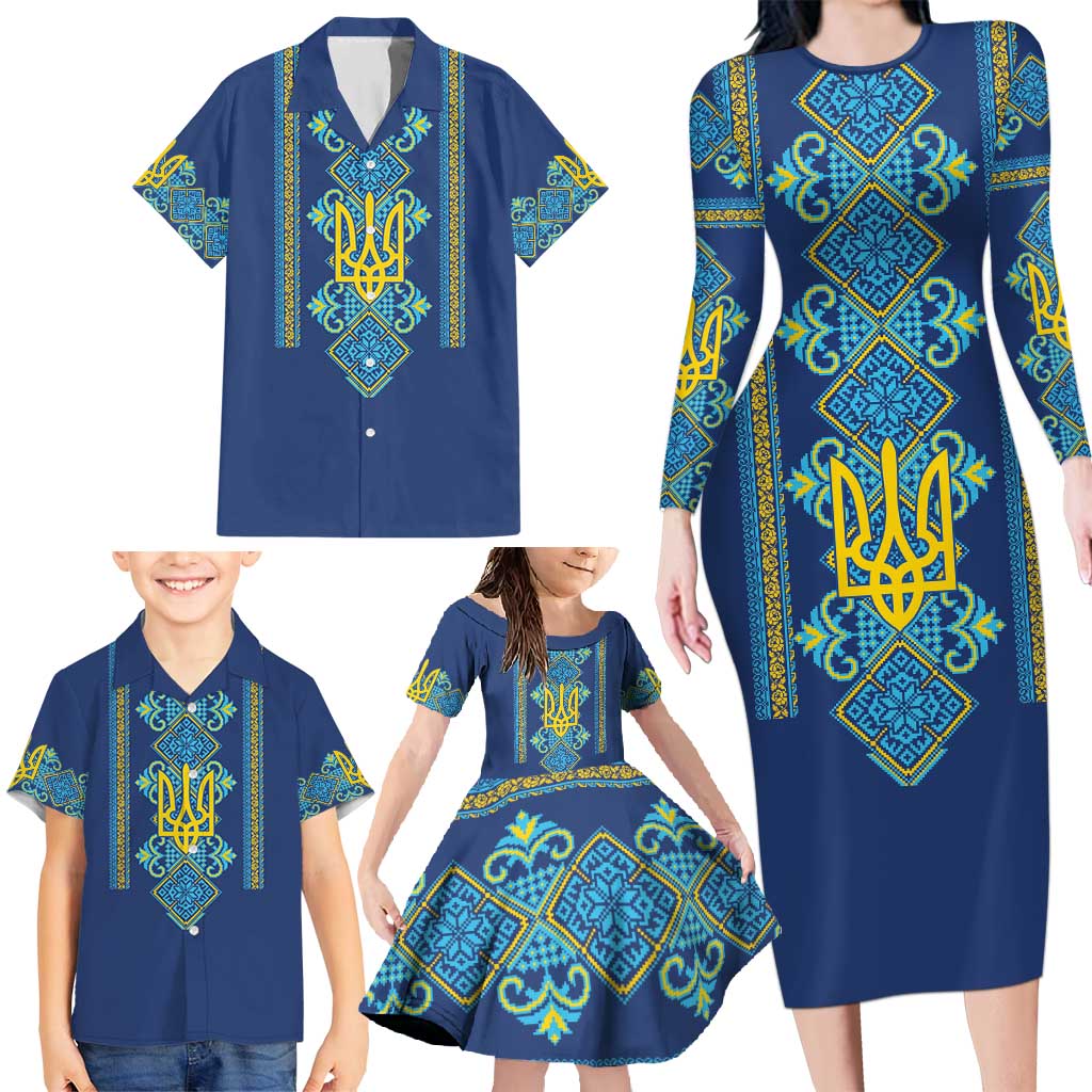 Vyshyvanka Day Family Matching Long Sleeve Bodycon Dress and Hawaiian Shirt Ukrainian Folk Traditions Pattern Blue Version