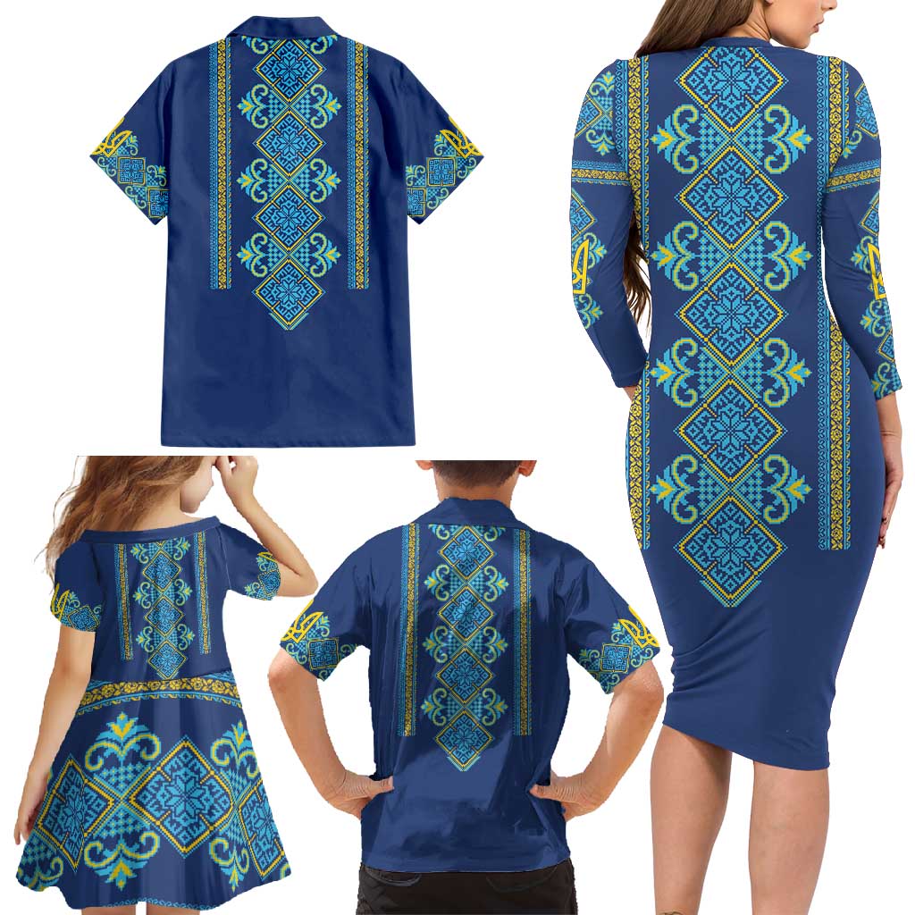 Vyshyvanka Day Family Matching Long Sleeve Bodycon Dress and Hawaiian Shirt Ukrainian Folk Traditions Pattern Blue Version
