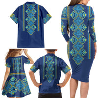 Vyshyvanka Day Family Matching Long Sleeve Bodycon Dress and Hawaiian Shirt Ukrainian Folk Traditions Pattern Blue Version