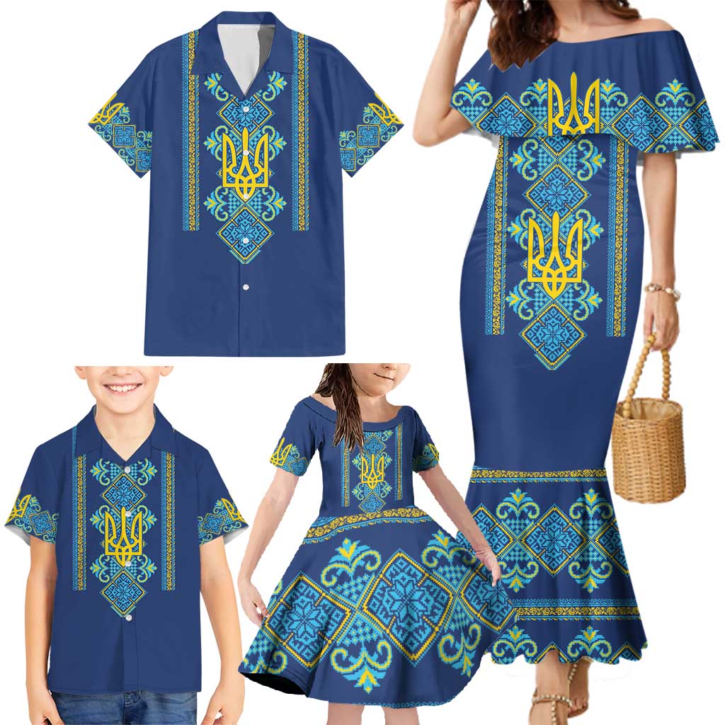 Vyshyvanka Day Family Matching Mermaid Dress and Hawaiian Shirt Ukrainian Folk Traditions Pattern Blue Version