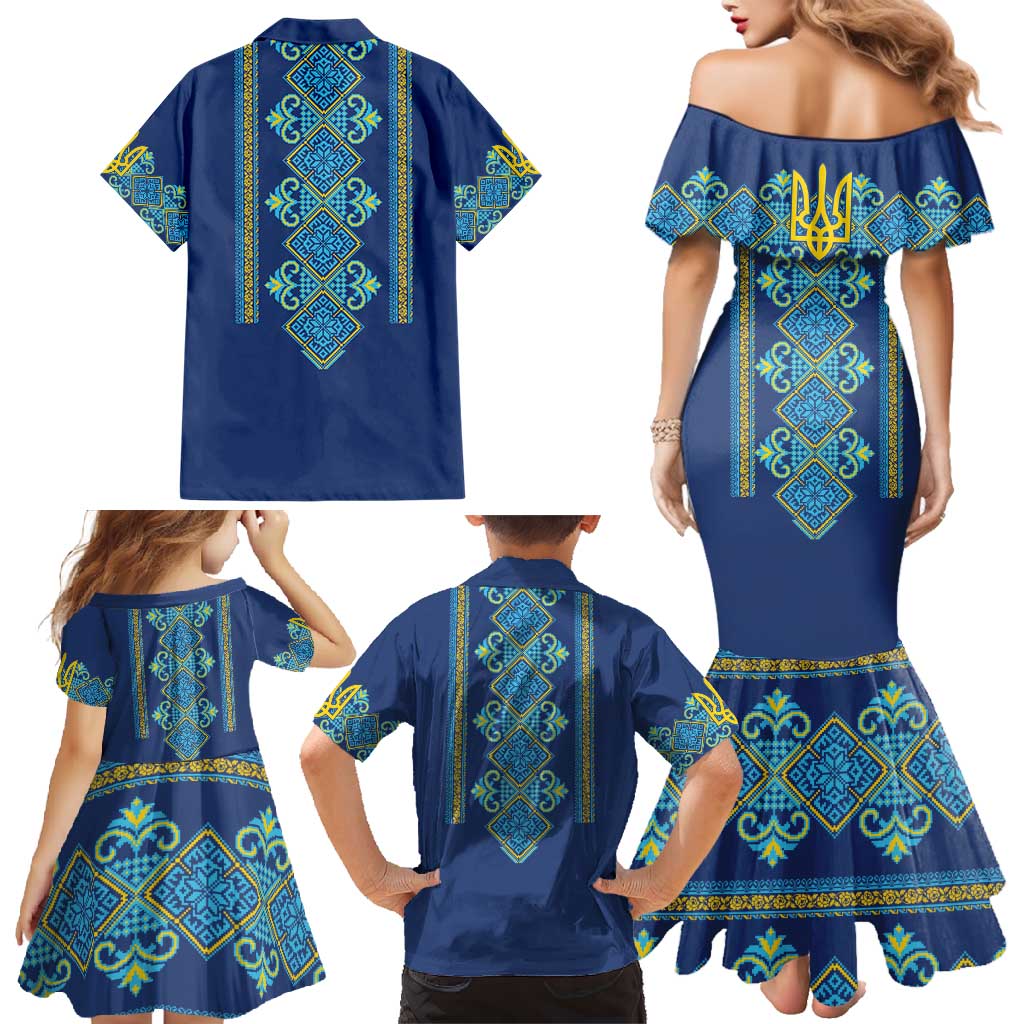 Vyshyvanka Day Family Matching Mermaid Dress and Hawaiian Shirt Ukrainian Folk Traditions Pattern Blue Version