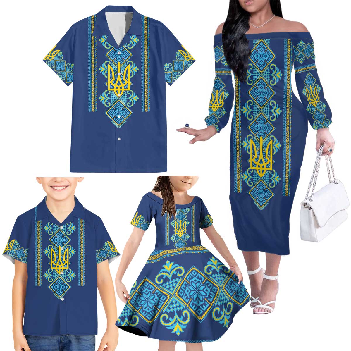 Vyshyvanka Day Family Matching Off The Shoulder Long Sleeve Dress and Hawaiian Shirt Ukrainian Folk Traditions Pattern Blue Version