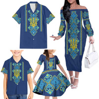 Vyshyvanka Day Family Matching Off The Shoulder Long Sleeve Dress and Hawaiian Shirt Ukrainian Folk Traditions Pattern Blue Version