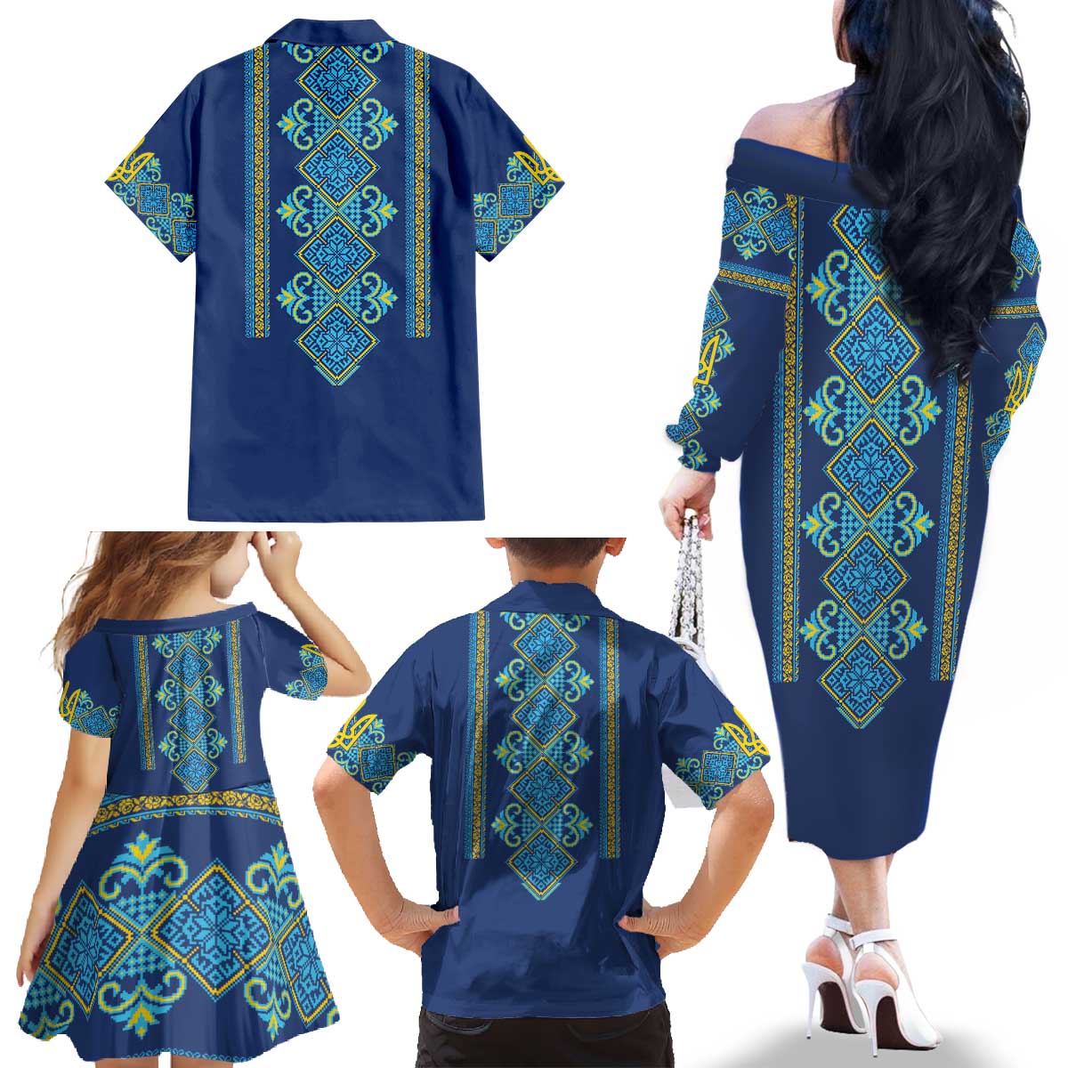 Vyshyvanka Day Family Matching Off The Shoulder Long Sleeve Dress and Hawaiian Shirt Ukrainian Folk Traditions Pattern Blue Version