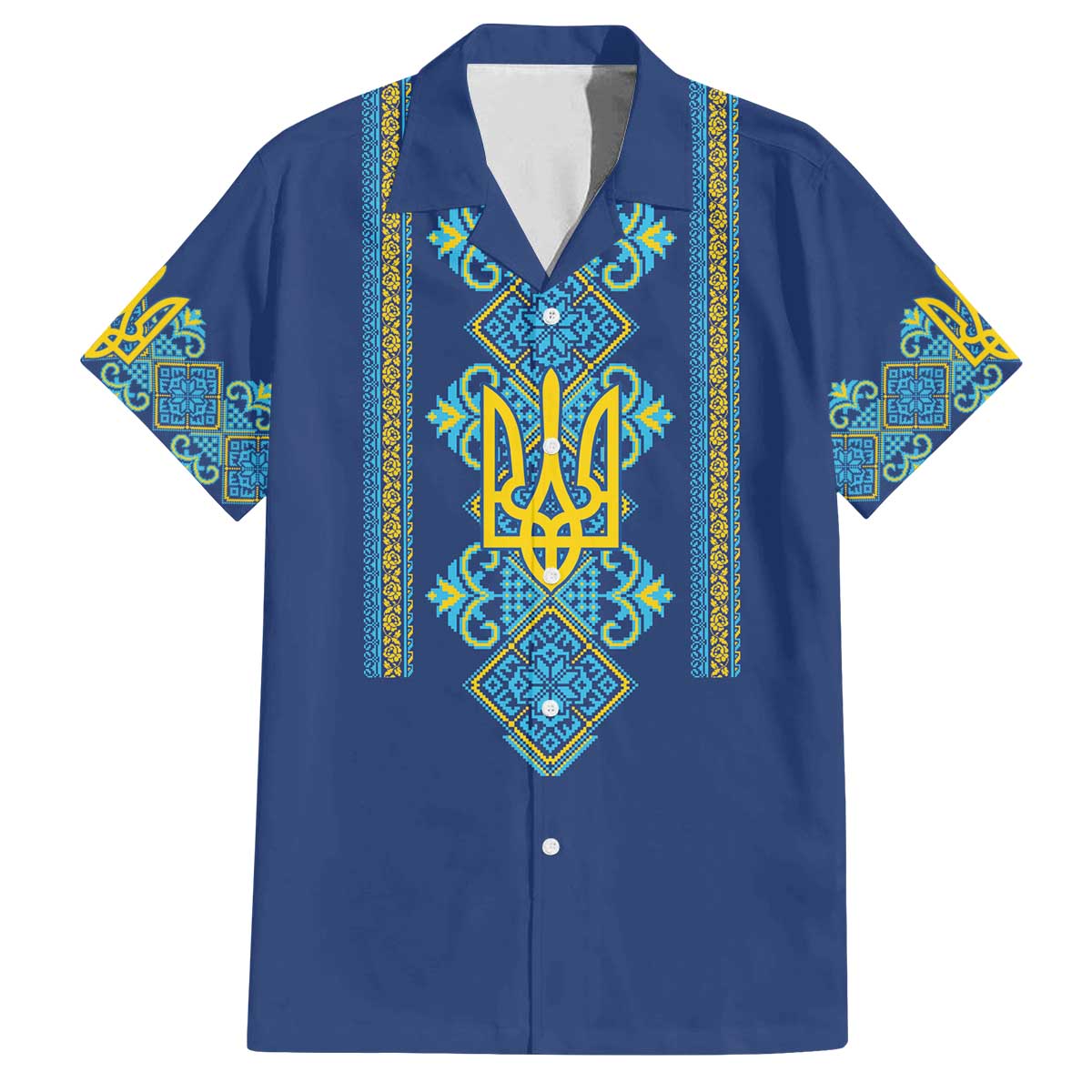 Vyshyvanka Day Family Matching Off The Shoulder Long Sleeve Dress and Hawaiian Shirt Ukrainian Folk Traditions Pattern Blue Version