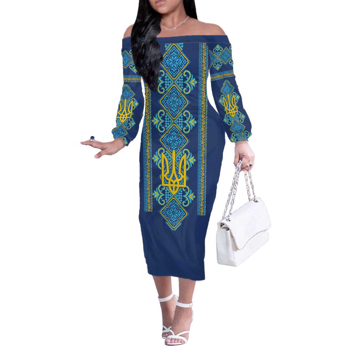 Vyshyvanka Day Family Matching Off The Shoulder Long Sleeve Dress and Hawaiian Shirt Ukrainian Folk Traditions Pattern Blue Version