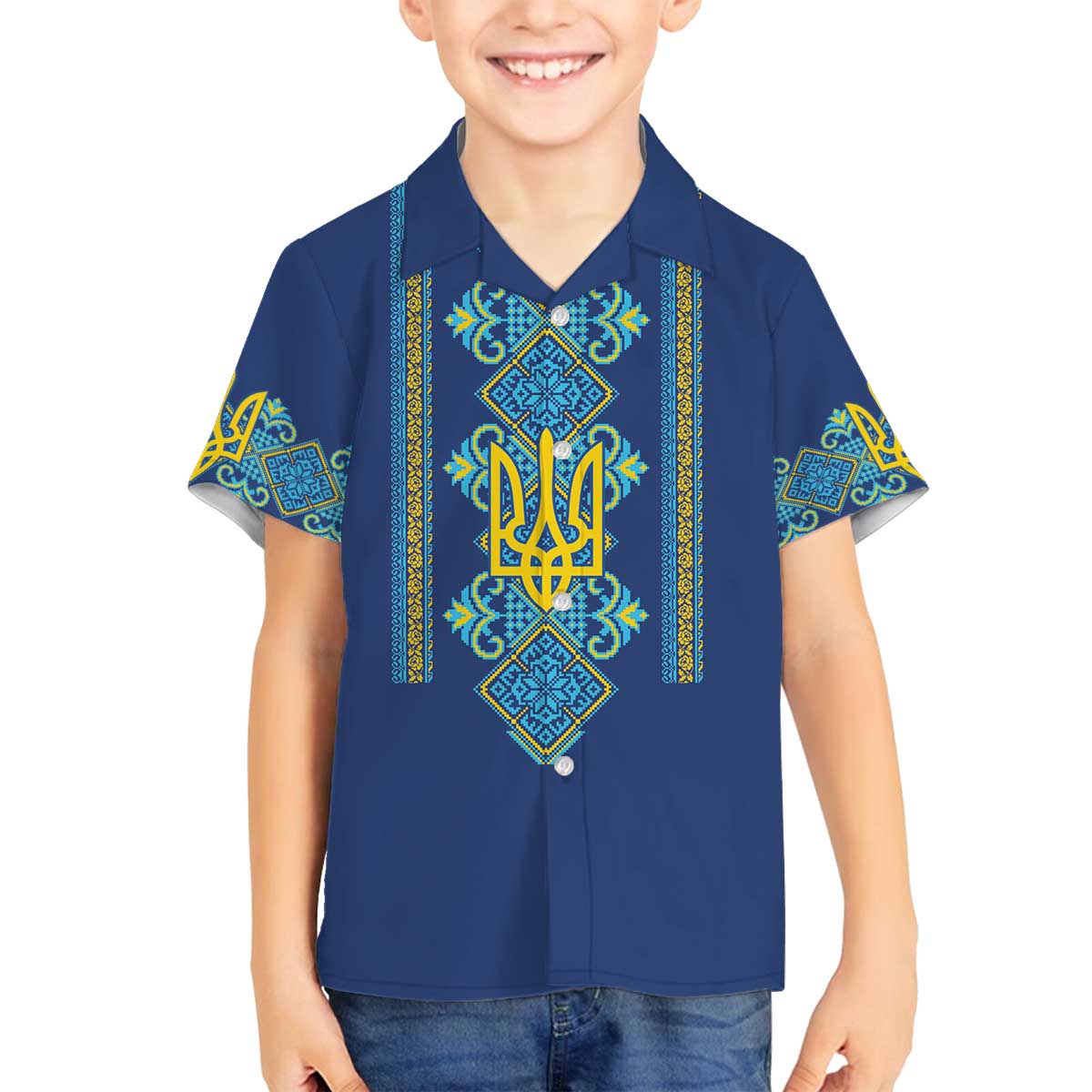 Vyshyvanka Day Family Matching Off The Shoulder Long Sleeve Dress and Hawaiian Shirt Ukrainian Folk Traditions Pattern Blue Version