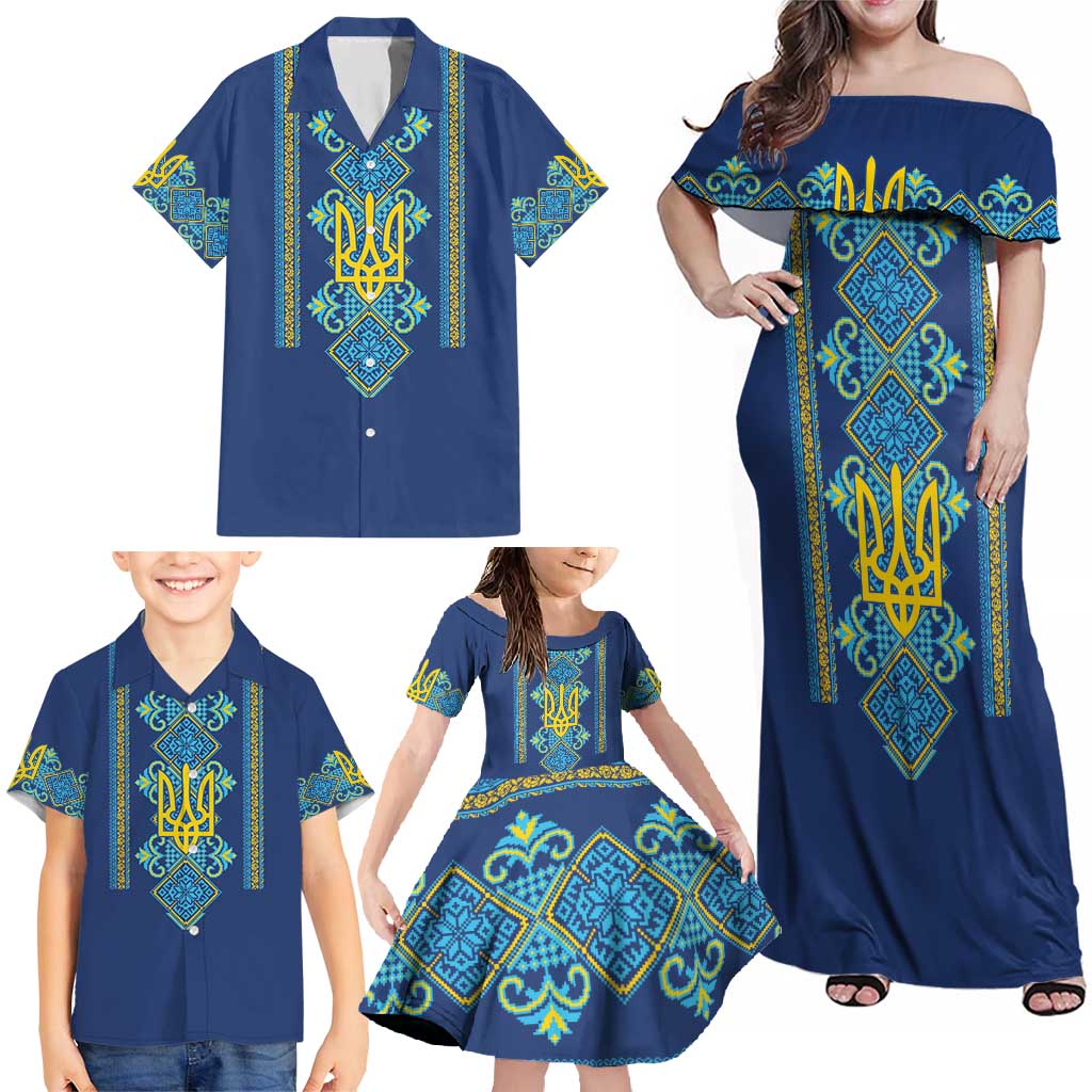 Vyshyvanka Day Family Matching Off Shoulder Maxi Dress and Hawaiian Shirt Ukrainian Folk Traditions Pattern Blue Version