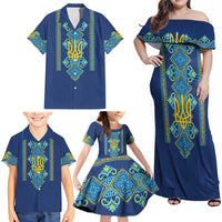 Vyshyvanka Day Family Matching Off Shoulder Maxi Dress and Hawaiian Shirt Ukrainian Folk Traditions Pattern Blue Version