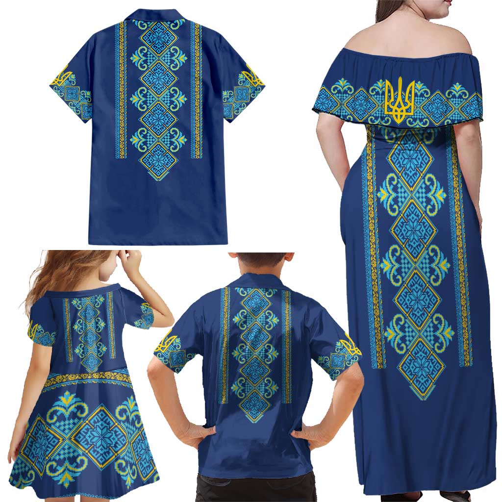 Vyshyvanka Day Family Matching Off Shoulder Maxi Dress and Hawaiian Shirt Ukrainian Folk Traditions Pattern Blue Version