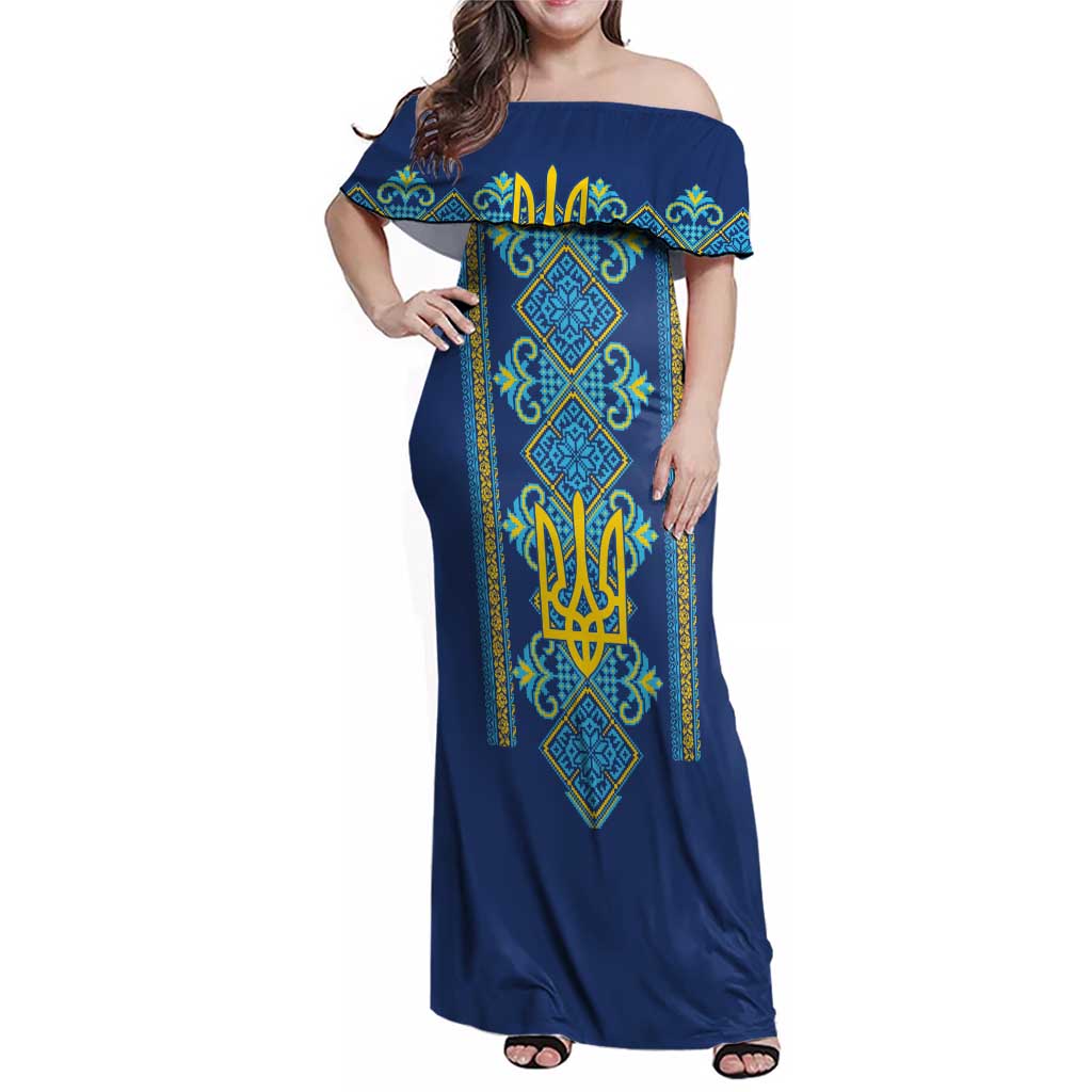 Vyshyvanka Day Family Matching Off Shoulder Maxi Dress and Hawaiian Shirt Ukrainian Folk Traditions Pattern Blue Version