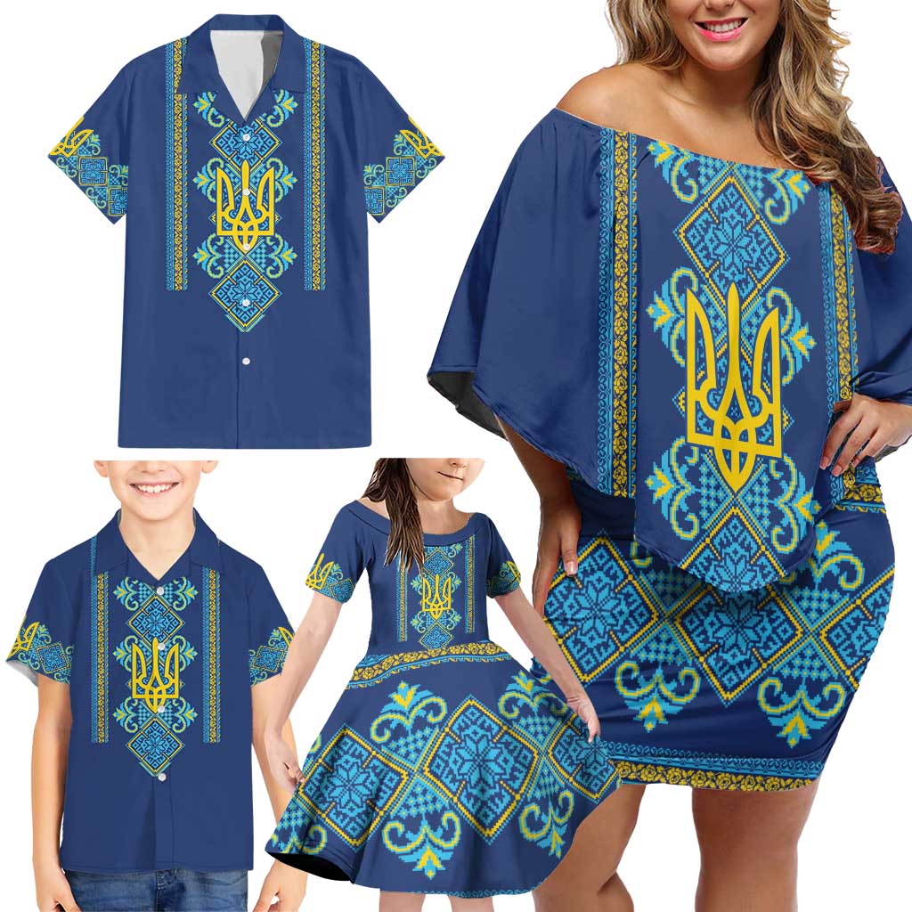 Vyshyvanka Day Family Matching Off Shoulder Short Dress and Hawaiian Shirt Ukrainian Folk Traditions Pattern Blue Version