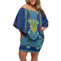 Vyshyvanka Day Family Matching Off Shoulder Short Dress and Hawaiian Shirt Ukrainian Folk Traditions Pattern Blue Version