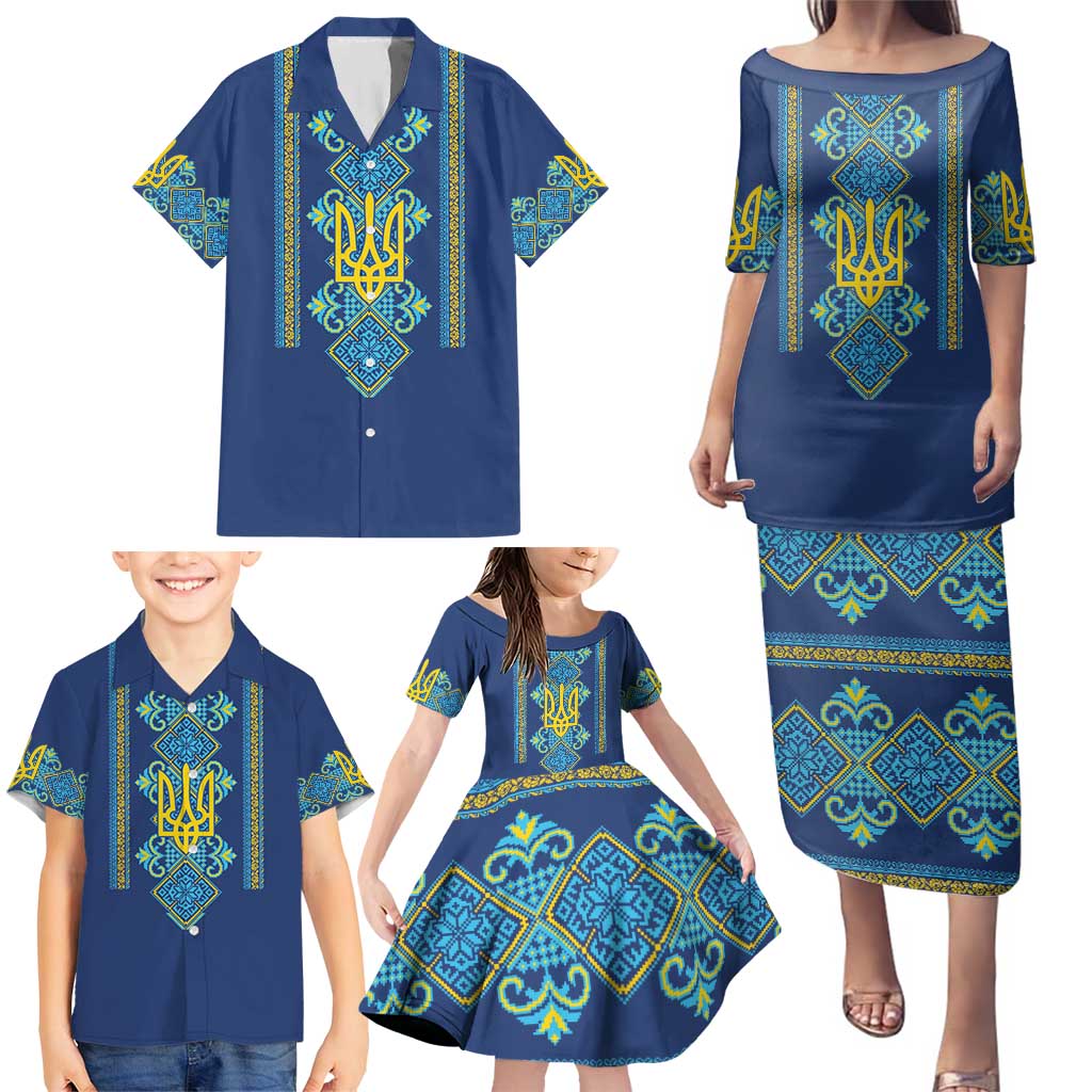 Vyshyvanka Day Family Matching Puletasi and Hawaiian Shirt Ukrainian Folk Traditions Pattern Blue Version