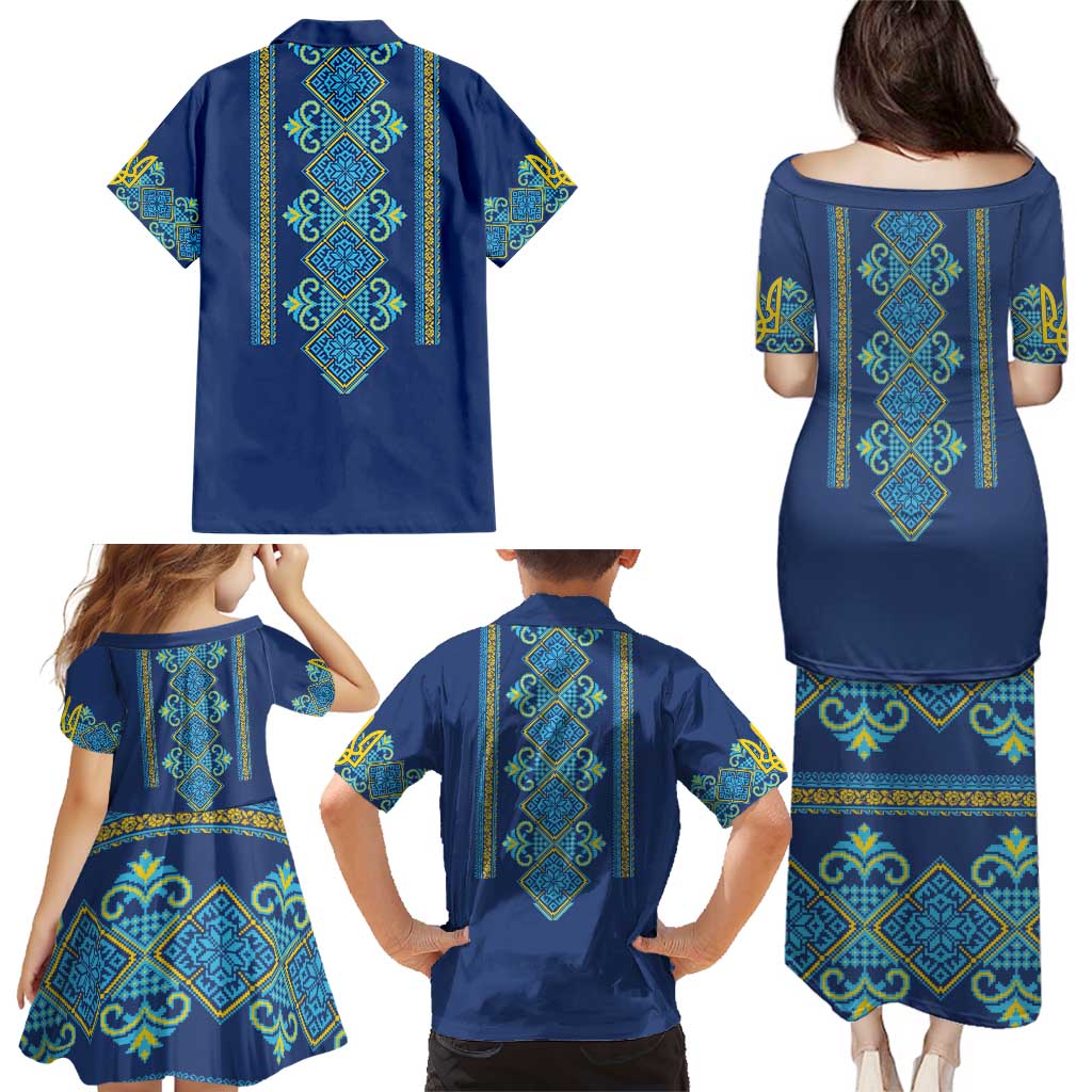 Vyshyvanka Day Family Matching Puletasi and Hawaiian Shirt Ukrainian Folk Traditions Pattern Blue Version