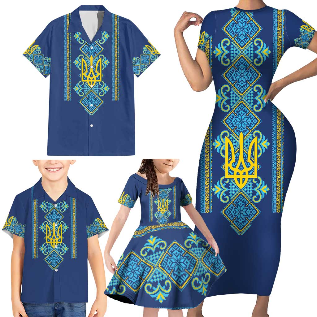 Vyshyvanka Day Family Matching Short Sleeve Bodycon Dress and Hawaiian Shirt Ukrainian Folk Traditions Pattern Blue Version