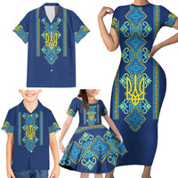 Vyshyvanka Day Family Matching Short Sleeve Bodycon Dress and Hawaiian Shirt Ukrainian Folk Traditions Pattern Blue Version