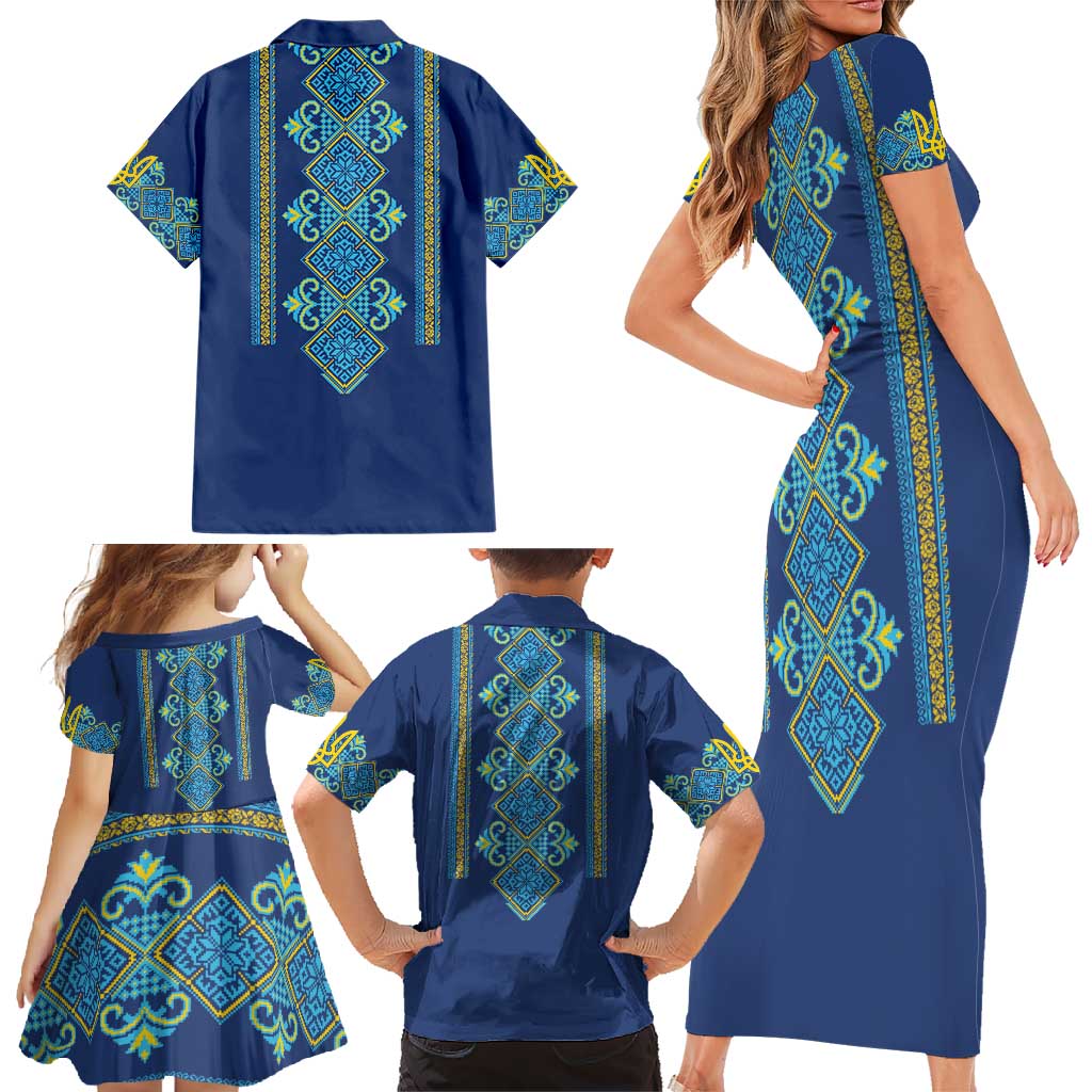 Vyshyvanka Day Family Matching Short Sleeve Bodycon Dress and Hawaiian Shirt Ukrainian Folk Traditions Pattern Blue Version