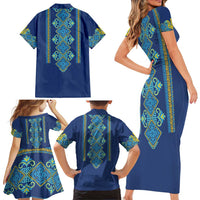 Vyshyvanka Day Family Matching Short Sleeve Bodycon Dress and Hawaiian Shirt Ukrainian Folk Traditions Pattern Blue Version