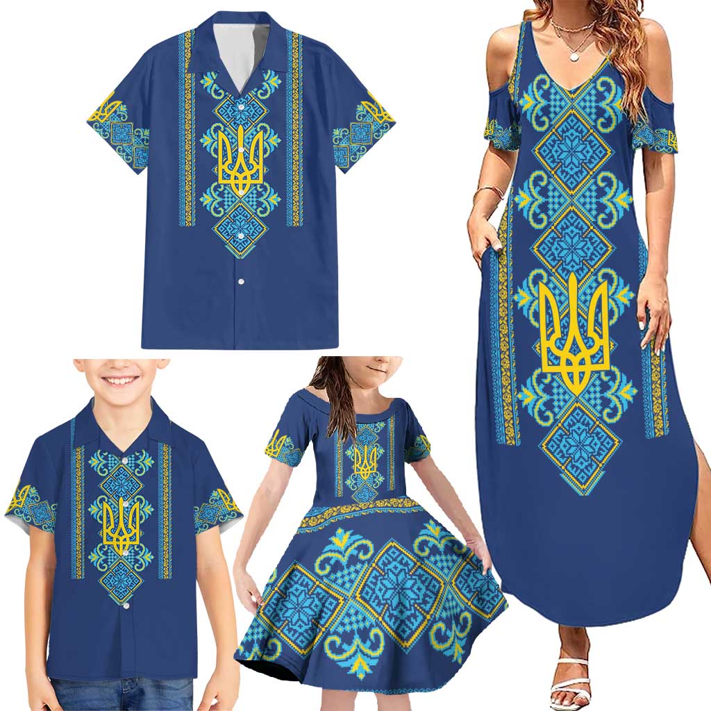 Vyshyvanka Day Family Matching Summer Maxi Dress and Hawaiian Shirt Ukrainian Folk Traditions Pattern Blue Version