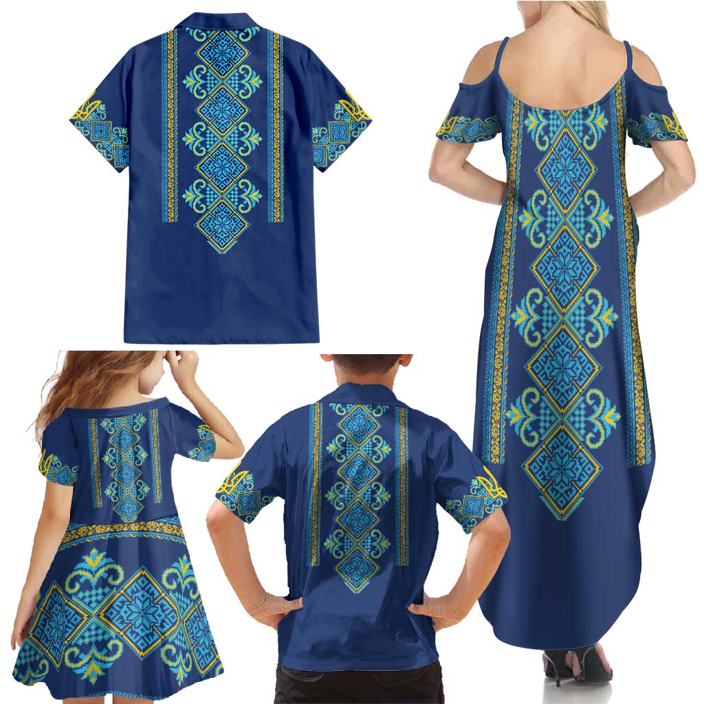 Vyshyvanka Day Family Matching Summer Maxi Dress and Hawaiian Shirt Ukrainian Folk Traditions Pattern Blue Version