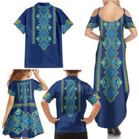 Vyshyvanka Day Family Matching Summer Maxi Dress and Hawaiian Shirt Ukrainian Folk Traditions Pattern Blue Version