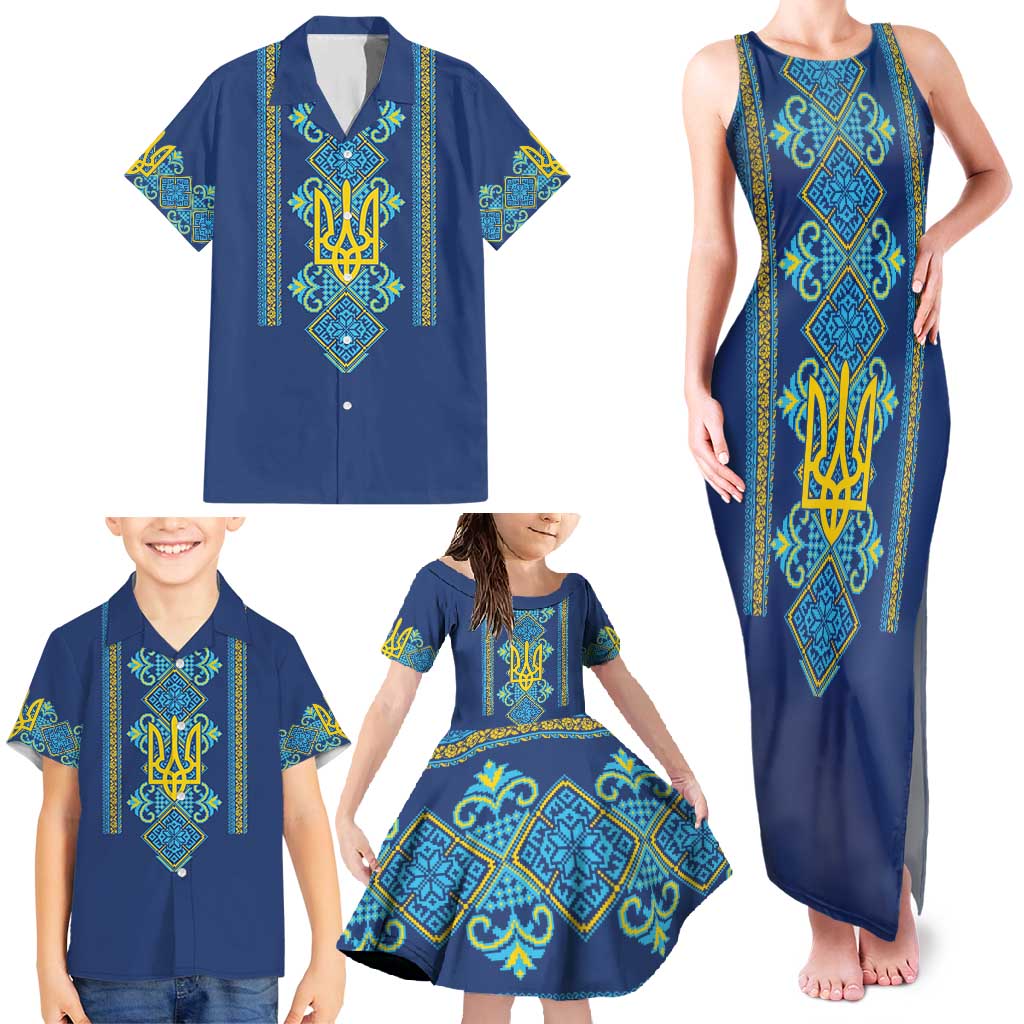 Vyshyvanka Day Family Matching Tank Maxi Dress and Hawaiian Shirt Ukrainian Folk Traditions Pattern Blue Version
