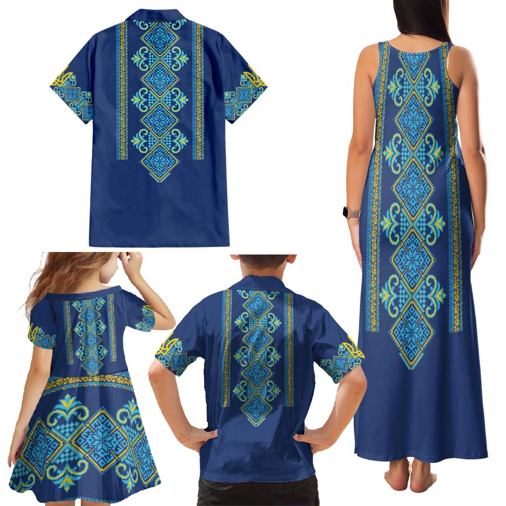Vyshyvanka Day Family Matching Tank Maxi Dress and Hawaiian Shirt Ukrainian Folk Traditions Pattern Blue Version