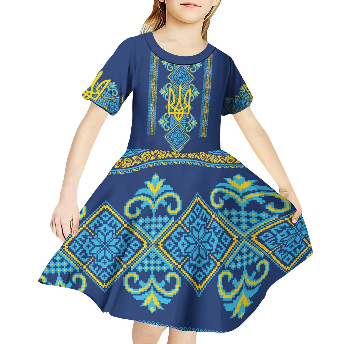 Vyshyvanka Day Kid Short Sleeve Dress Ukrainian Folk Traditions Pattern Blue Version