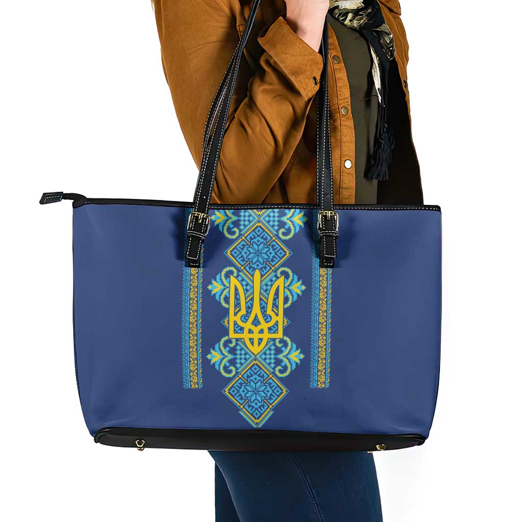 Vyshyvanka Day Leather Tote Bag Ukrainian Folk Traditions Pattern Blue Version