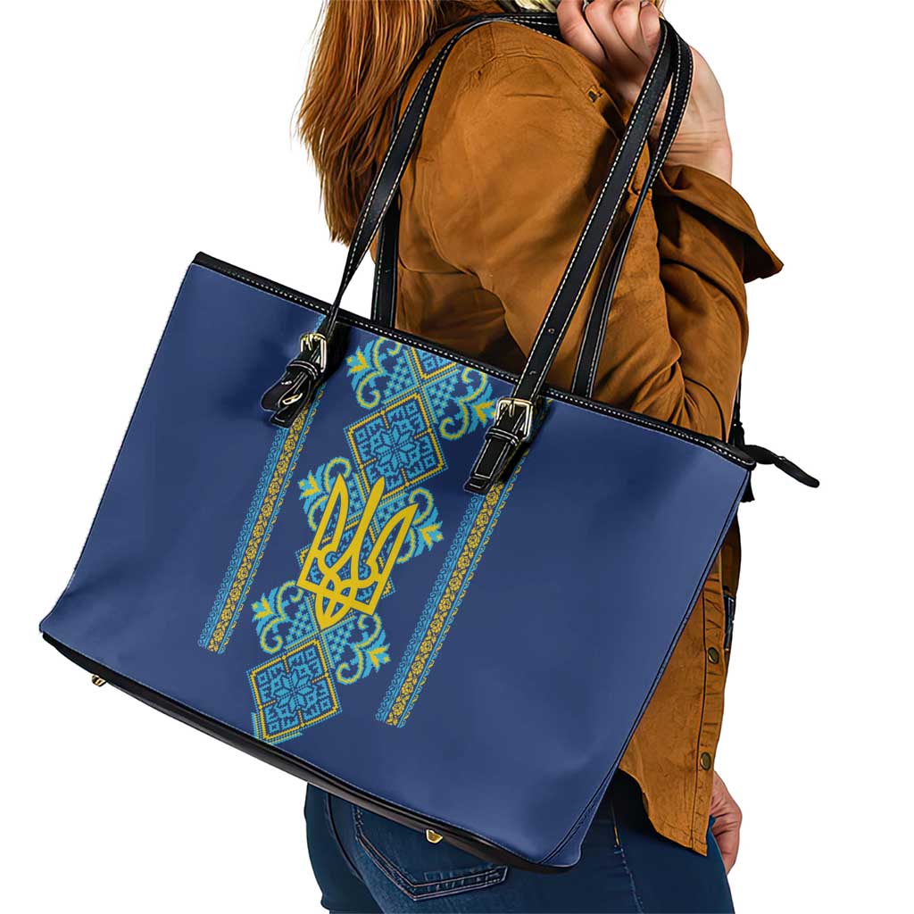 Vyshyvanka Day Leather Tote Bag Ukrainian Folk Traditions Pattern Blue Version