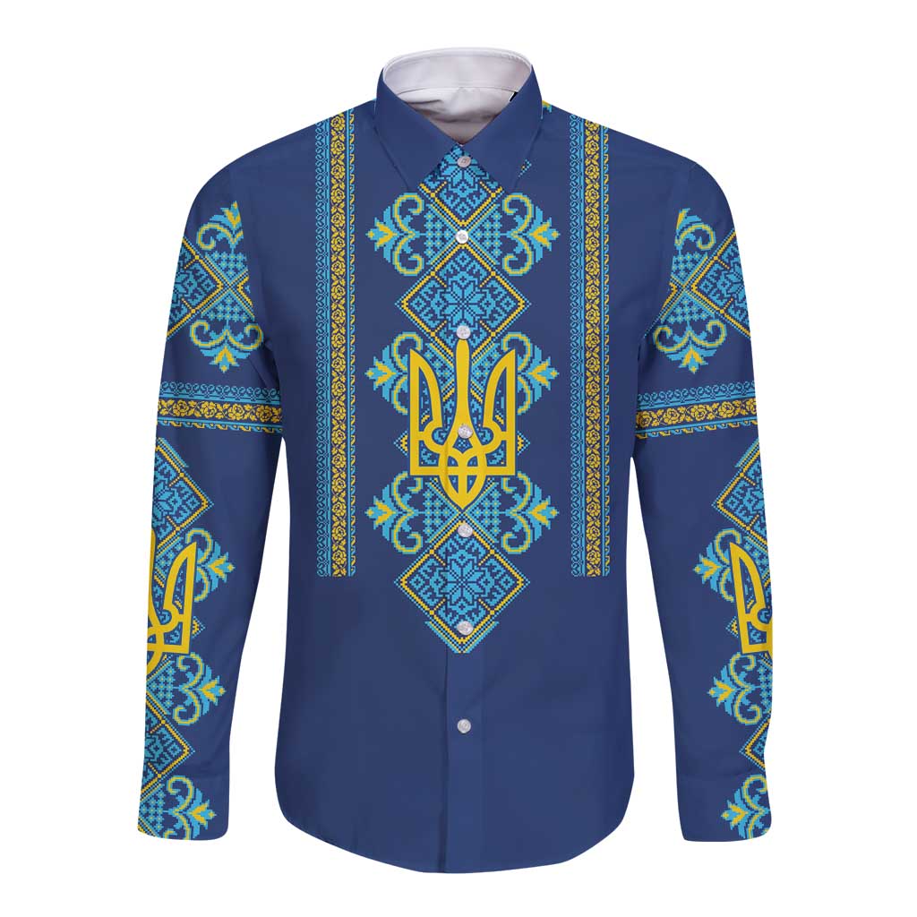 Vyshyvanka Day Long Sleeve Button Shirt Ukrainian Folk Traditions Pattern Blue Version