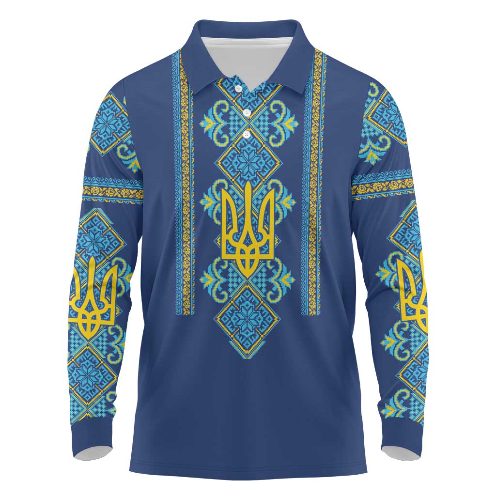Vyshyvanka Day Long Sleeve Polo Shirt Ukrainian Folk Traditions Pattern Blue Version