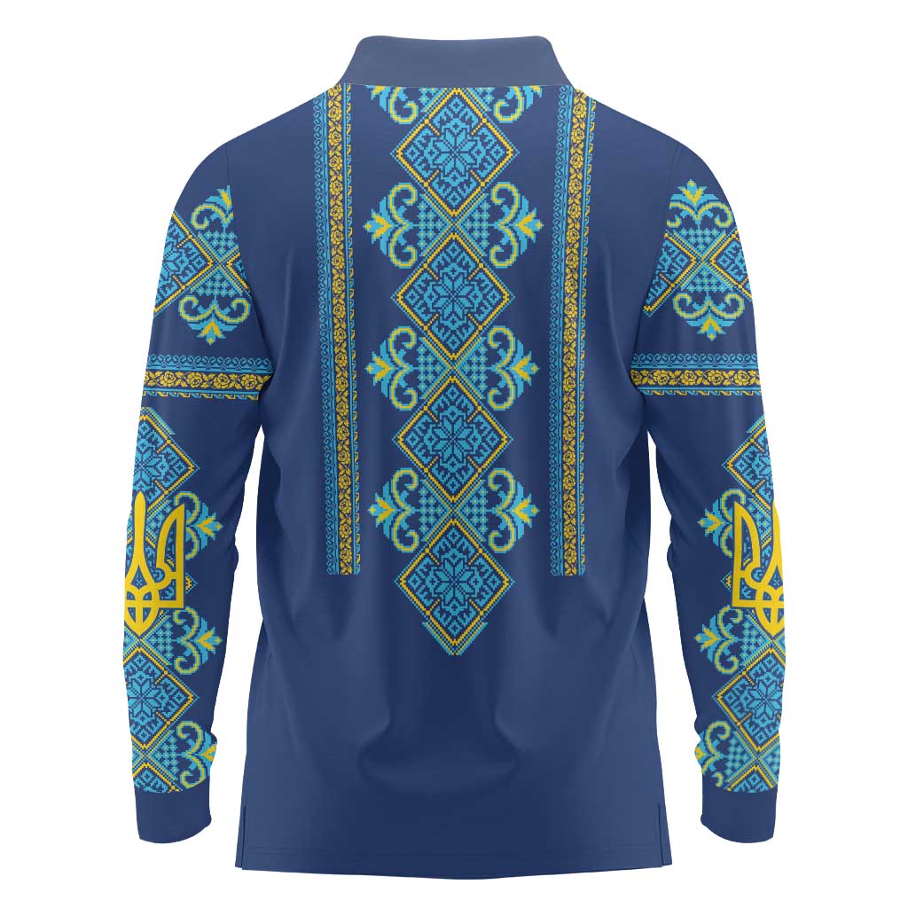 Vyshyvanka Day Long Sleeve Polo Shirt Ukrainian Folk Traditions Pattern Blue Version