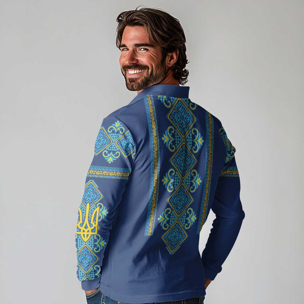 Vyshyvanka Day Long Sleeve Polo Shirt Ukrainian Folk Traditions Pattern Blue Version