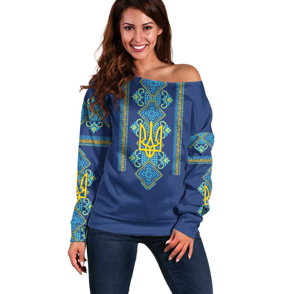 Vyshyvanka Day Off Shoulder Sweater Ukrainian Folk Traditions Pattern Blue Version