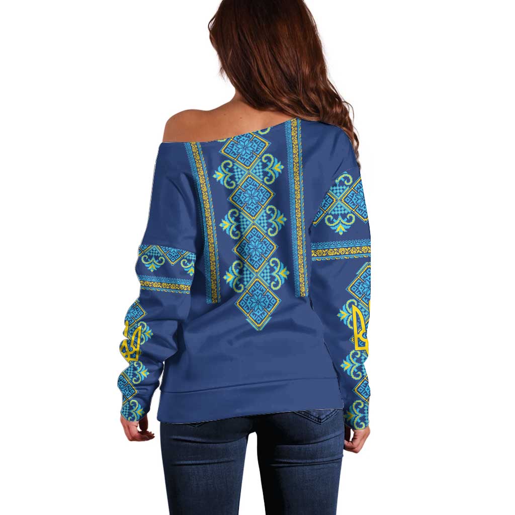 Vyshyvanka Day Off Shoulder Sweater Ukrainian Folk Traditions Pattern Blue Version