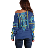 Vyshyvanka Day Off Shoulder Sweater Ukrainian Folk Traditions Pattern Blue Version