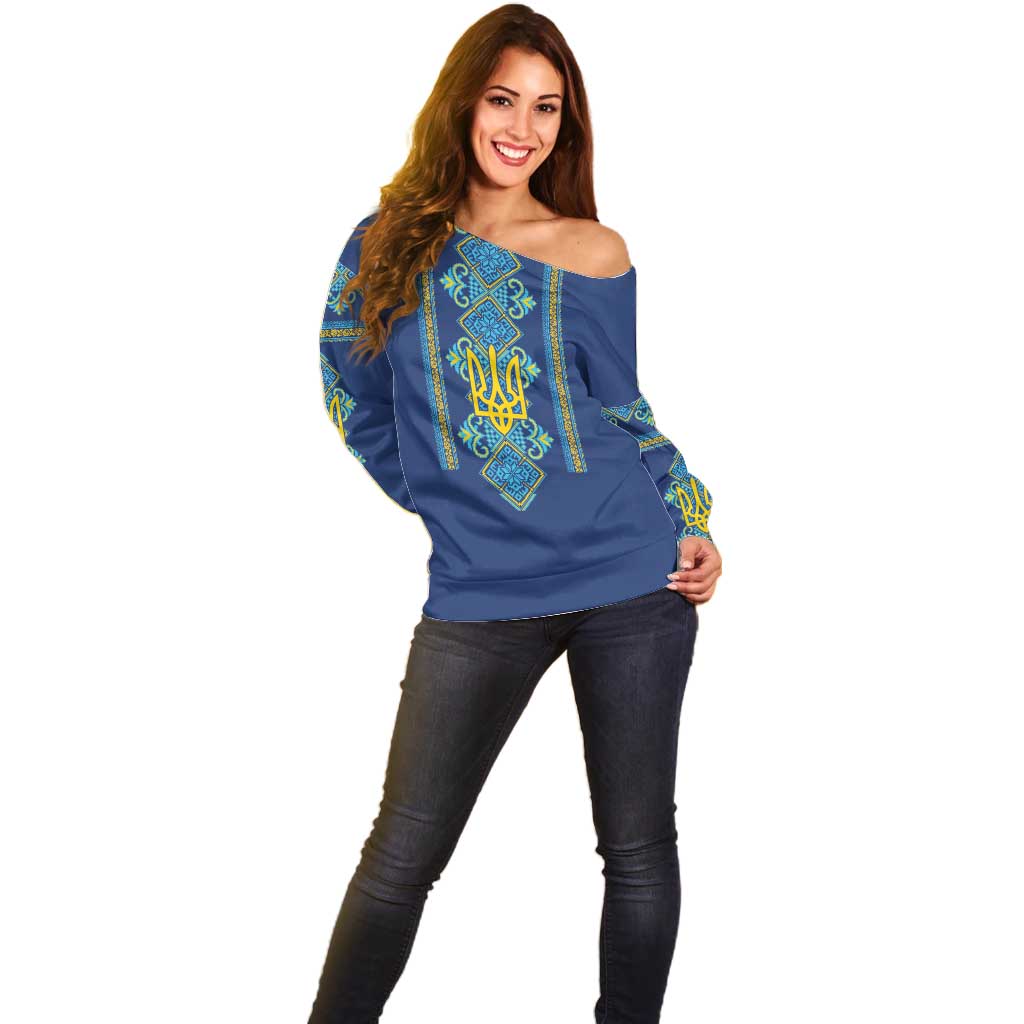 Vyshyvanka Day Off Shoulder Sweater Ukrainian Folk Traditions Pattern Blue Version