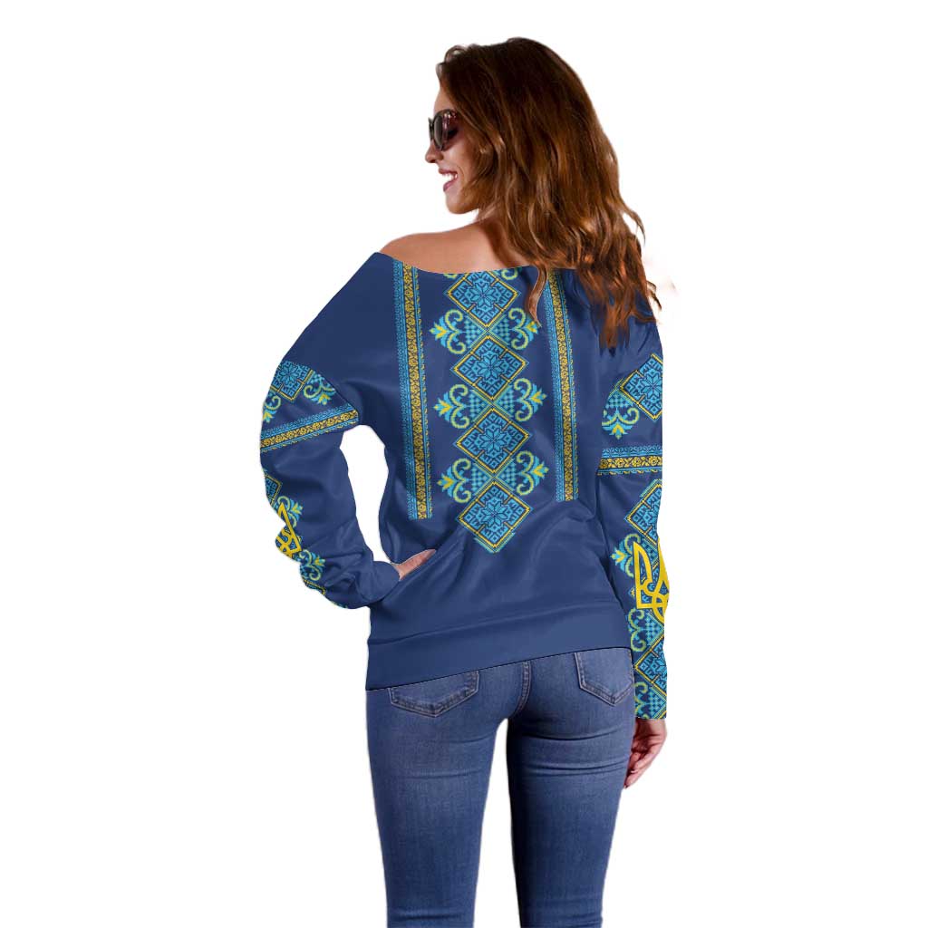 Vyshyvanka Day Off Shoulder Sweater Ukrainian Folk Traditions Pattern Blue Version