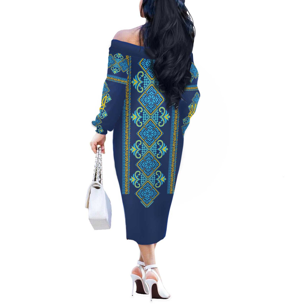 Vyshyvanka Day Off The Shoulder Long Sleeve Dress Ukrainian Folk Traditions Pattern Blue Version