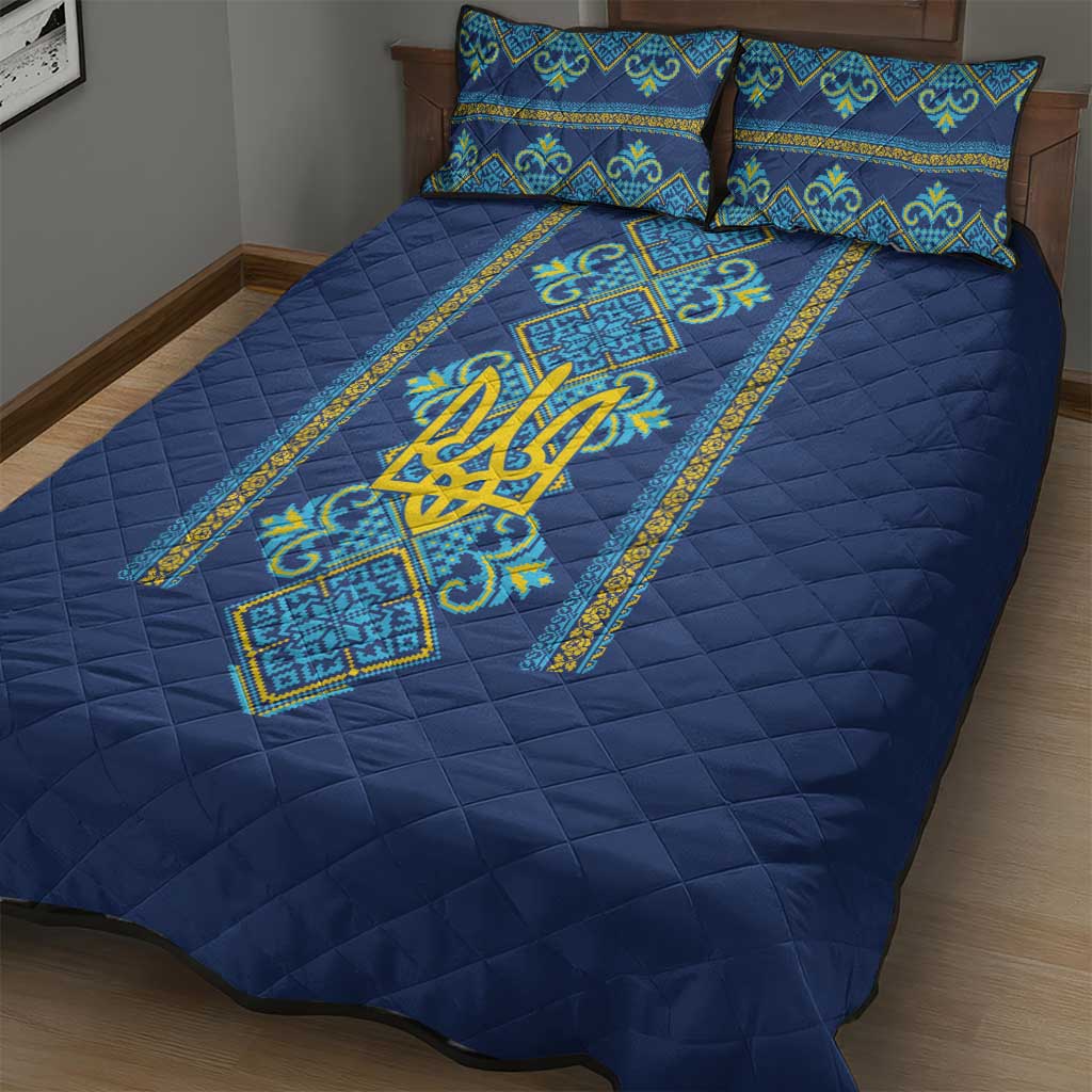 Vyshyvanka Day Quilt Bed Set Ukrainian Folk Traditions Pattern Blue Version