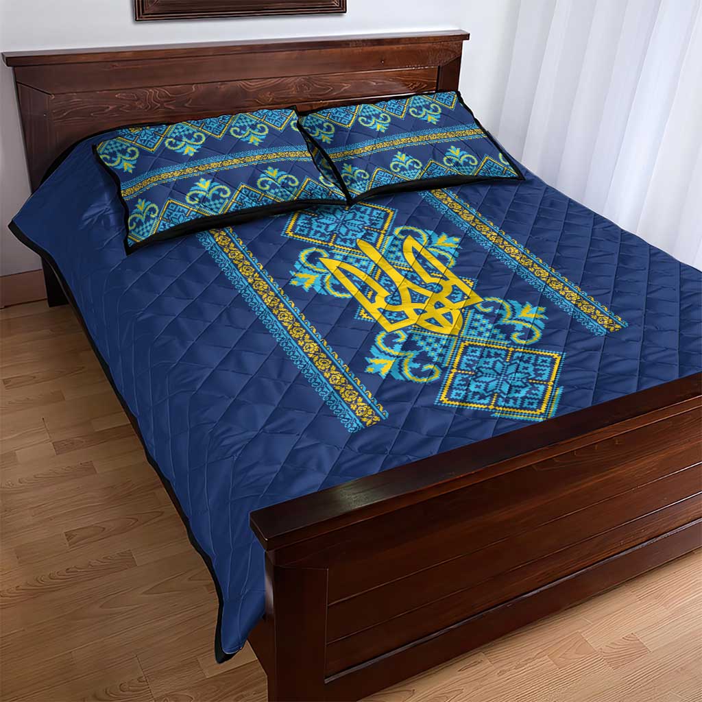 Vyshyvanka Day Quilt Bed Set Ukrainian Folk Traditions Pattern Blue Version