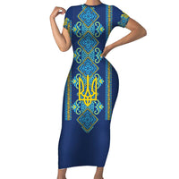 Vyshyvanka Day Short Sleeve Bodycon Dress Ukrainian Folk Traditions Pattern Blue Version