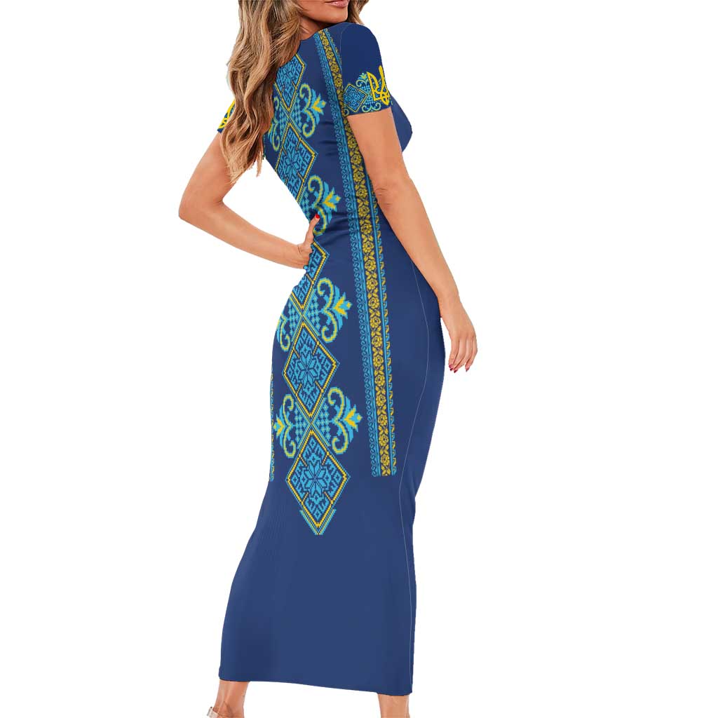 Vyshyvanka Day Short Sleeve Bodycon Dress Ukrainian Folk Traditions Pattern Blue Version
