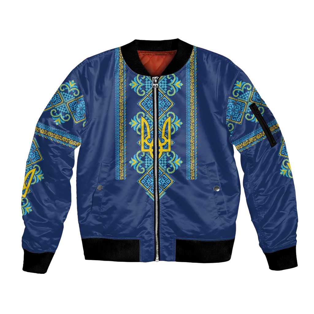 Vyshyvanka Day Sleeve Zip Bomber Jacket Ukrainian Folk Traditions Pattern Blue Version