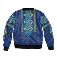 Vyshyvanka Day Sleeve Zip Bomber Jacket Ukrainian Folk Traditions Pattern Blue Version