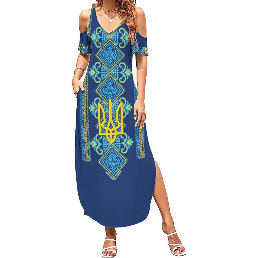 Vyshyvanka Day Summer Maxi Dress Ukrainian Folk Traditions Pattern Blue Version