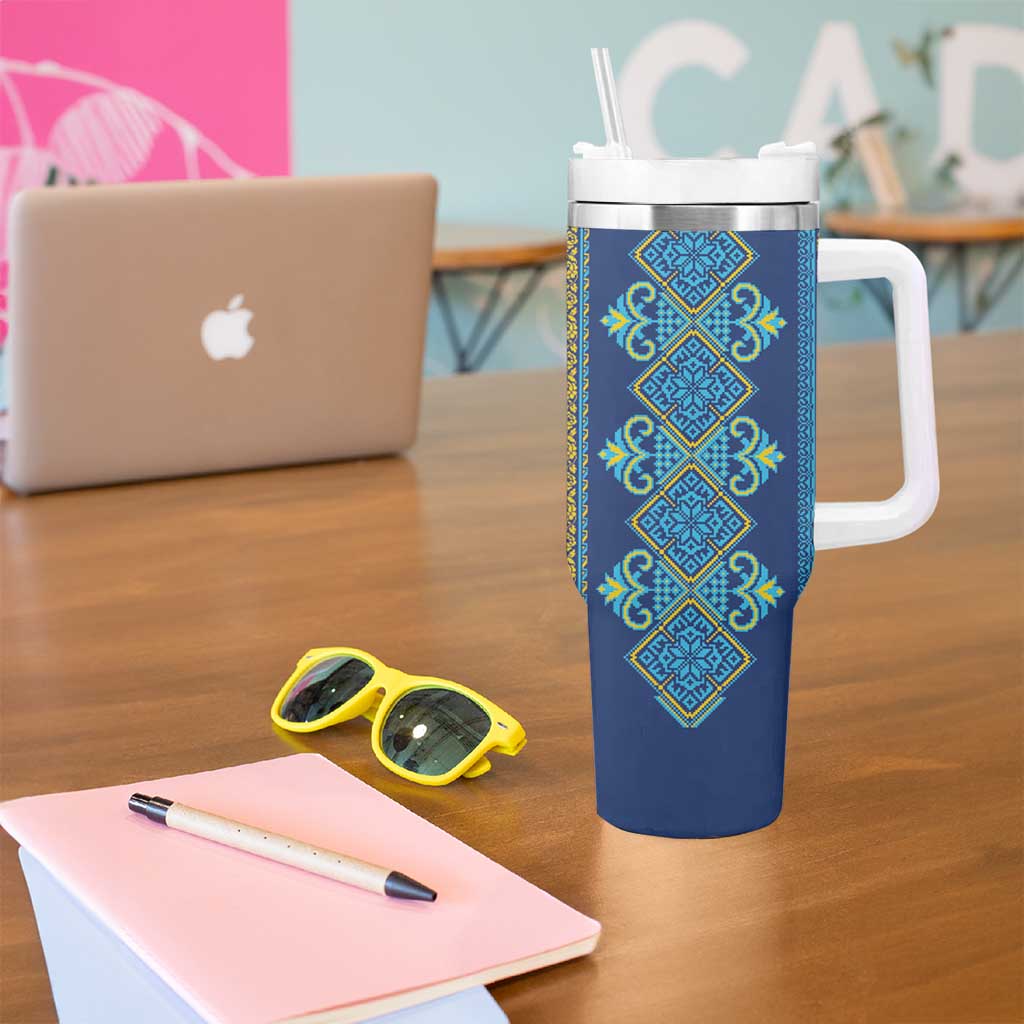 Vyshyvanka Day Tumbler With Handle Ukrainian Folk Traditions Pattern Blue Version