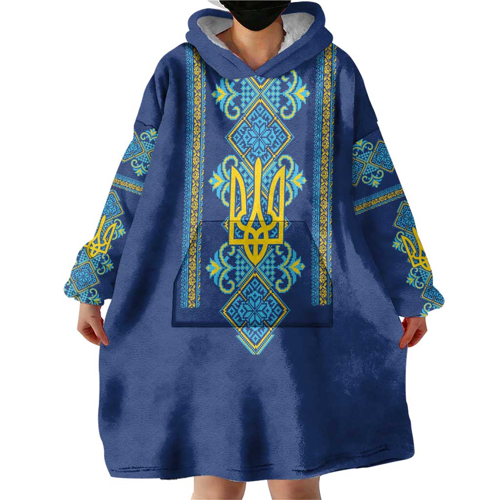 Vyshyvanka Day Wearable Blanket Hoodie Ukrainian Folk Traditions Pattern Blue Version